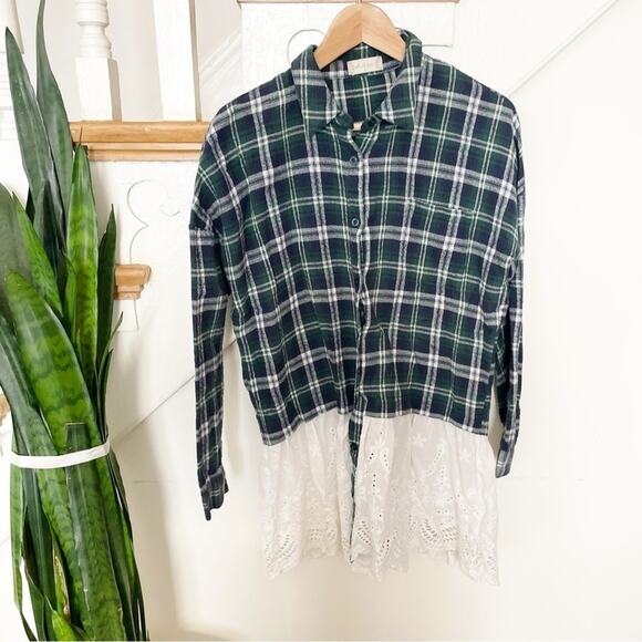 Altar'd State Oversized Flannel Crochet Button Down Plaid Cotton Top Size Medium - Picture 2 of 7